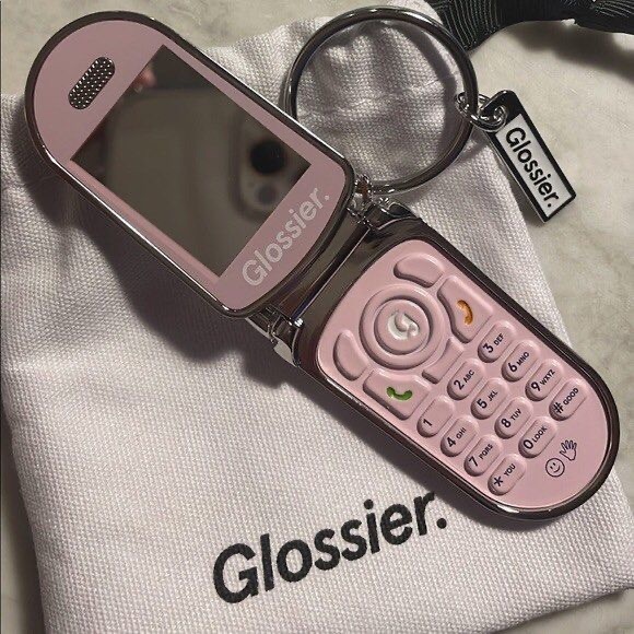 Glossier Flip Phone Keychain a compact mirror New in bag! New York SOHO limited - Picture 3 of 11